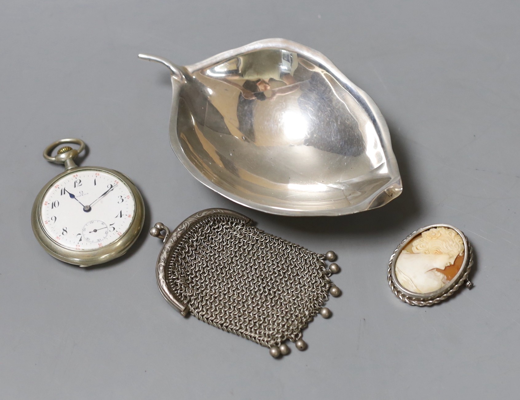 A modern sterling Sciarrotta leaf dish, 13.4cm,a nickel cased Omega open face pocket watch, a white metal and oval cameo shell set brooch and a chain mesh purse.